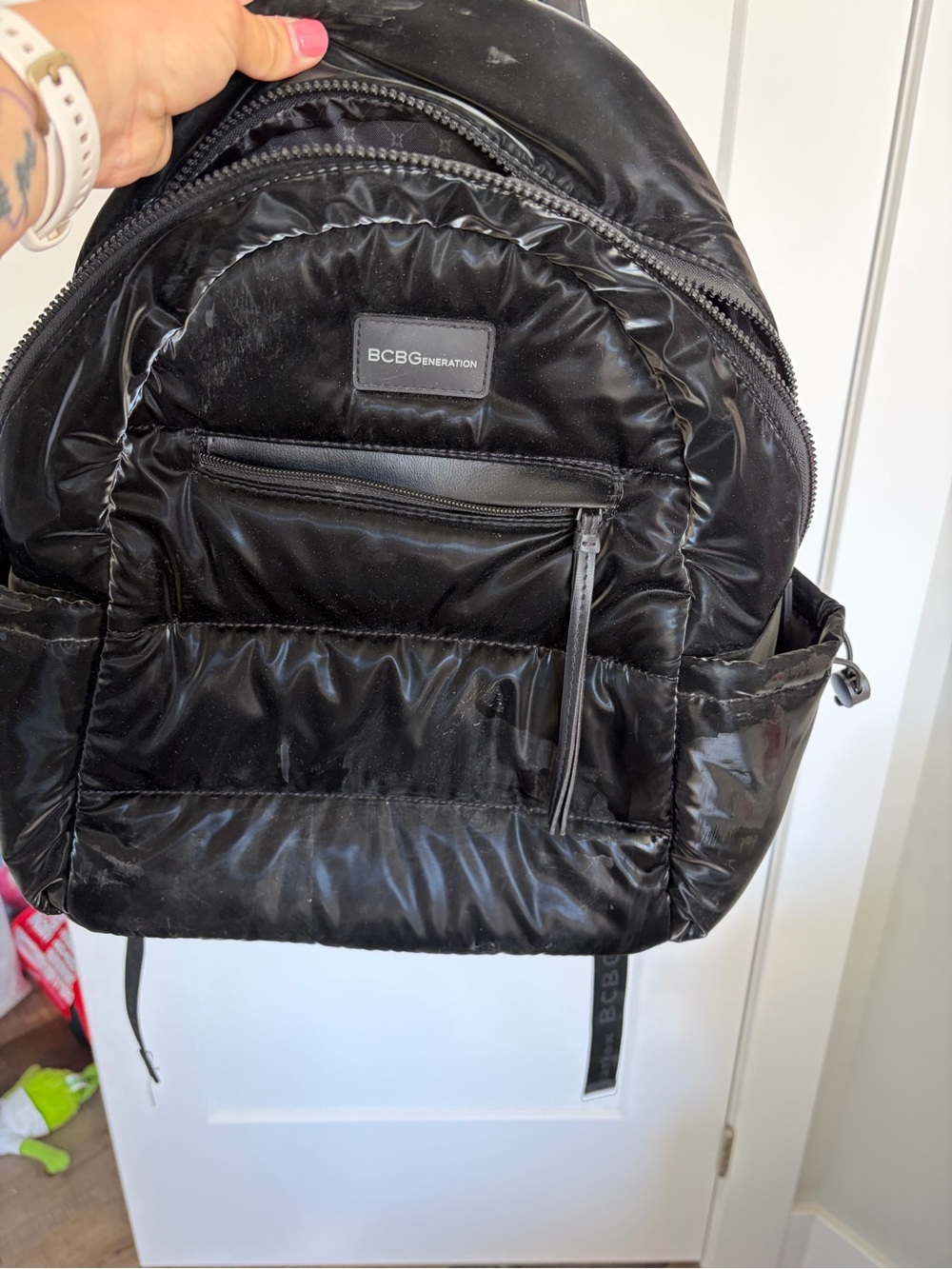 BCBGeneration Black Quilted Nylon Backpack with Front Zip Pocket
